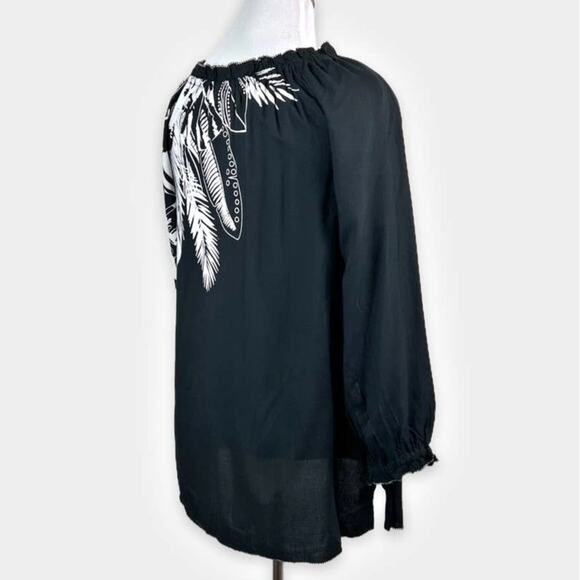 Soft Surroundings Size M Palm Leaf Blouse Ruffle Trim Black White - Picture 5 of 11